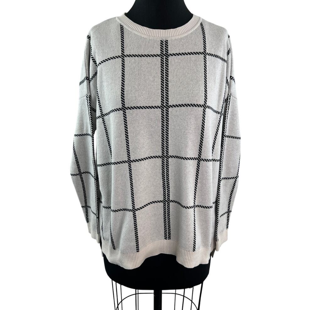 PLANET Lauren G Windowpane Check Cotton Sweater Long Sleeve Crewneck One Size